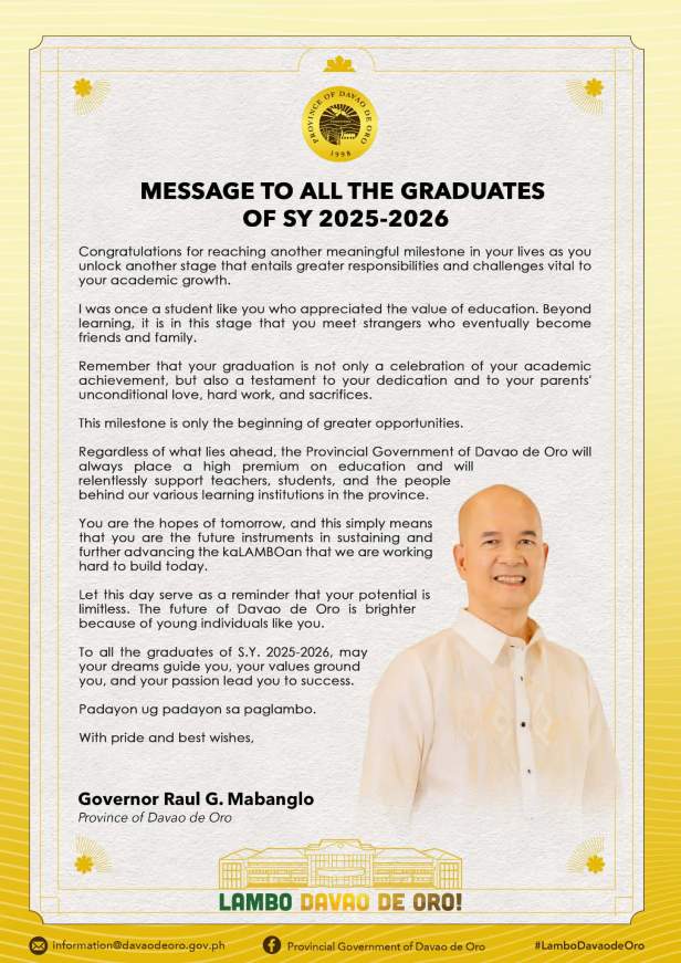 Governor Raul G. Mabanglo‘s MESSAGE TO ALL THE GRADUATES OF SY&nbsp;2025-2026