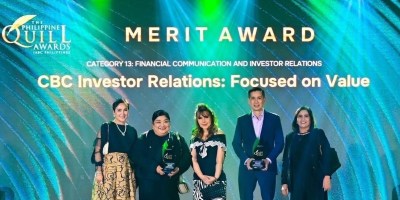 From left: CBC Corporate Communications Officer Hershey Villegas, Marketing Communications Head Aileen Vallesteros, Senior Marketing Consultant Nita Claravall, Investor & Corporate Relations Group Head Gerald Florentino, and Investor Relations Officer Vicky Quisido at the 22nd Philippine Quill Awards on August 27, 2026 at the Solaire Resort in Parañaque City.